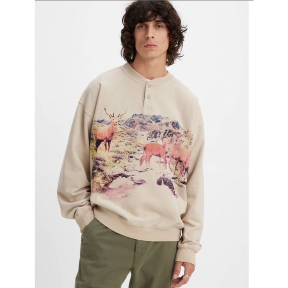 Levi’s Rugged Relaxed Henley Crewneck Sweatshirt Deer Yellowstone XXL - Picture 1 of 9
